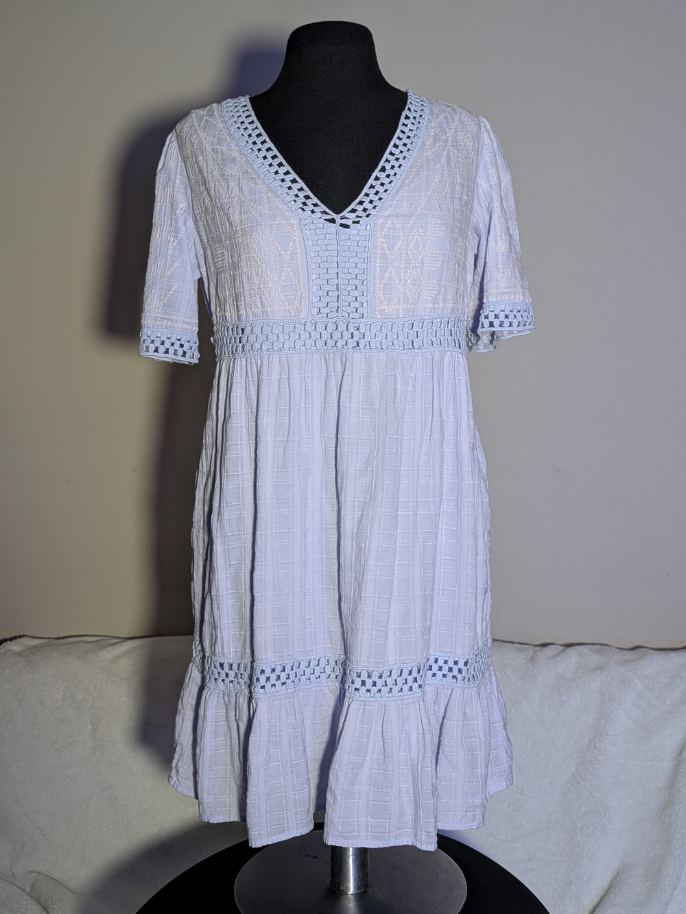 Cottagecore Medium Baby Blue Medium V-Neck Crochet Trim Mini Dress